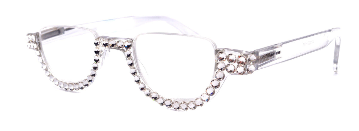Half Moon, (Bling) Reading Glasses For Woman Adorned W (Clear) Genuine European Crystals, (Translucent) Lower Nose Frame, NY Fifth Avenue