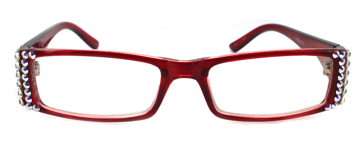 The French, (Bling) (Fleur De Lis) Women Reading Glasses W Genuine European Crystals (Aurora Borealis, Clear)  (Red) Frame, NY Fifth Avenue